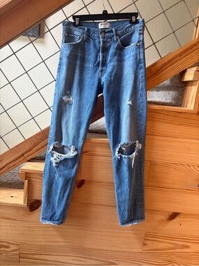 Agolde Distressed Medium Blue Slim Straight Jeans
